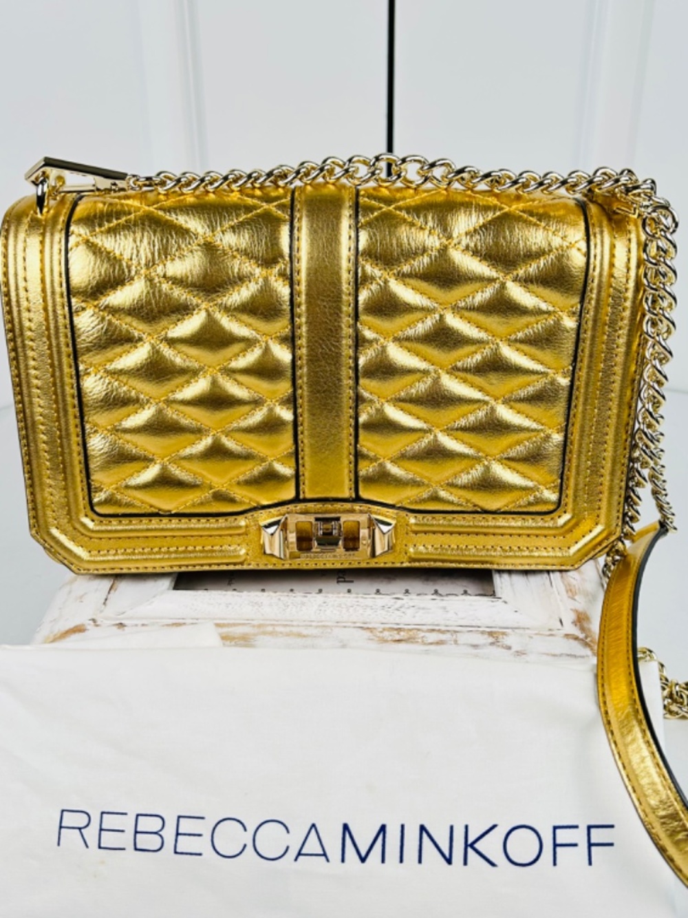 Rebecca Minkoff Love Quilted Leather Crossbody Chain Bag Gold